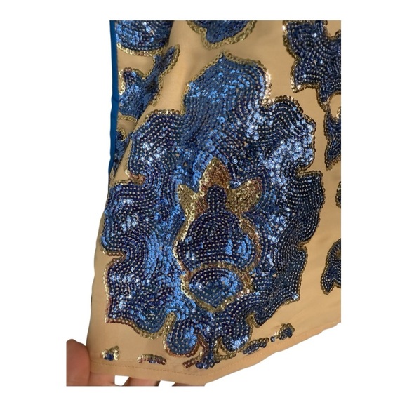 Tracy Reese Mixed Media Cap Sleeve Sequin Sheer Overlay Blue Tan Size M Neiman - Picture 5 of 14
